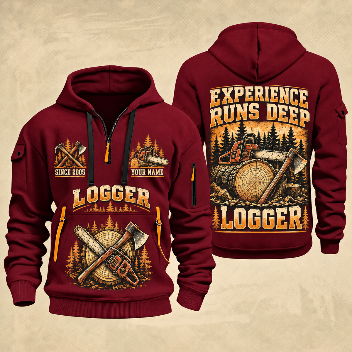Logger Deep Woods Statement quarter-zip hoodie in Wine Red, front and back, YOUR NAME and SINCE 2005 artwork