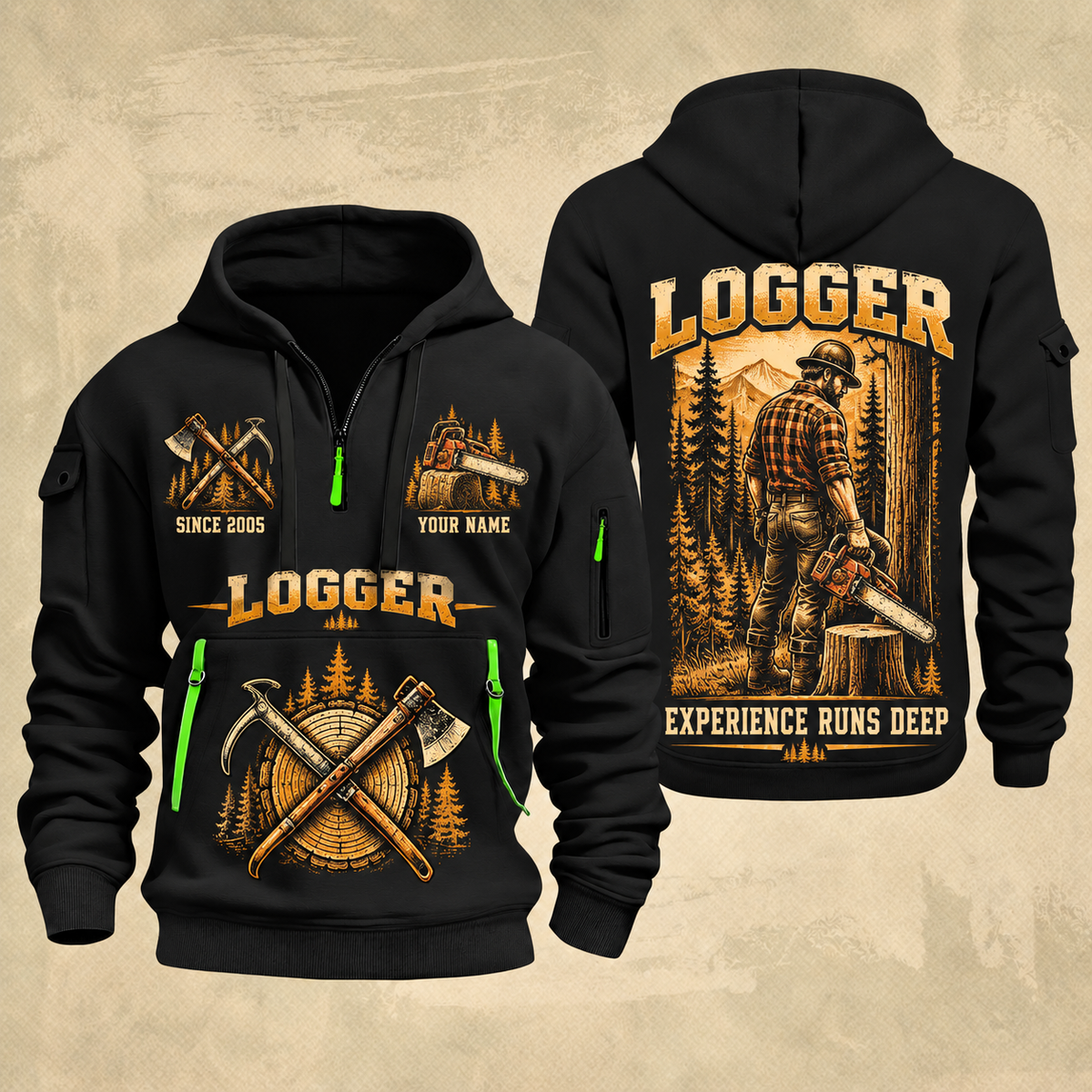 Logger Woodland Craftsman quarter-zip hoodie in Black, front and back, YOUR NAME and SINCE 2005 artwork