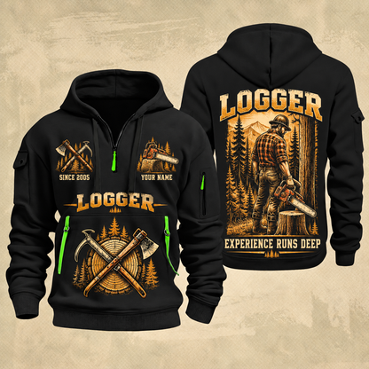 Logger Woodland Craftsman quarter-zip hoodie in Black, front and back, YOUR NAME and SINCE 2005 artwork