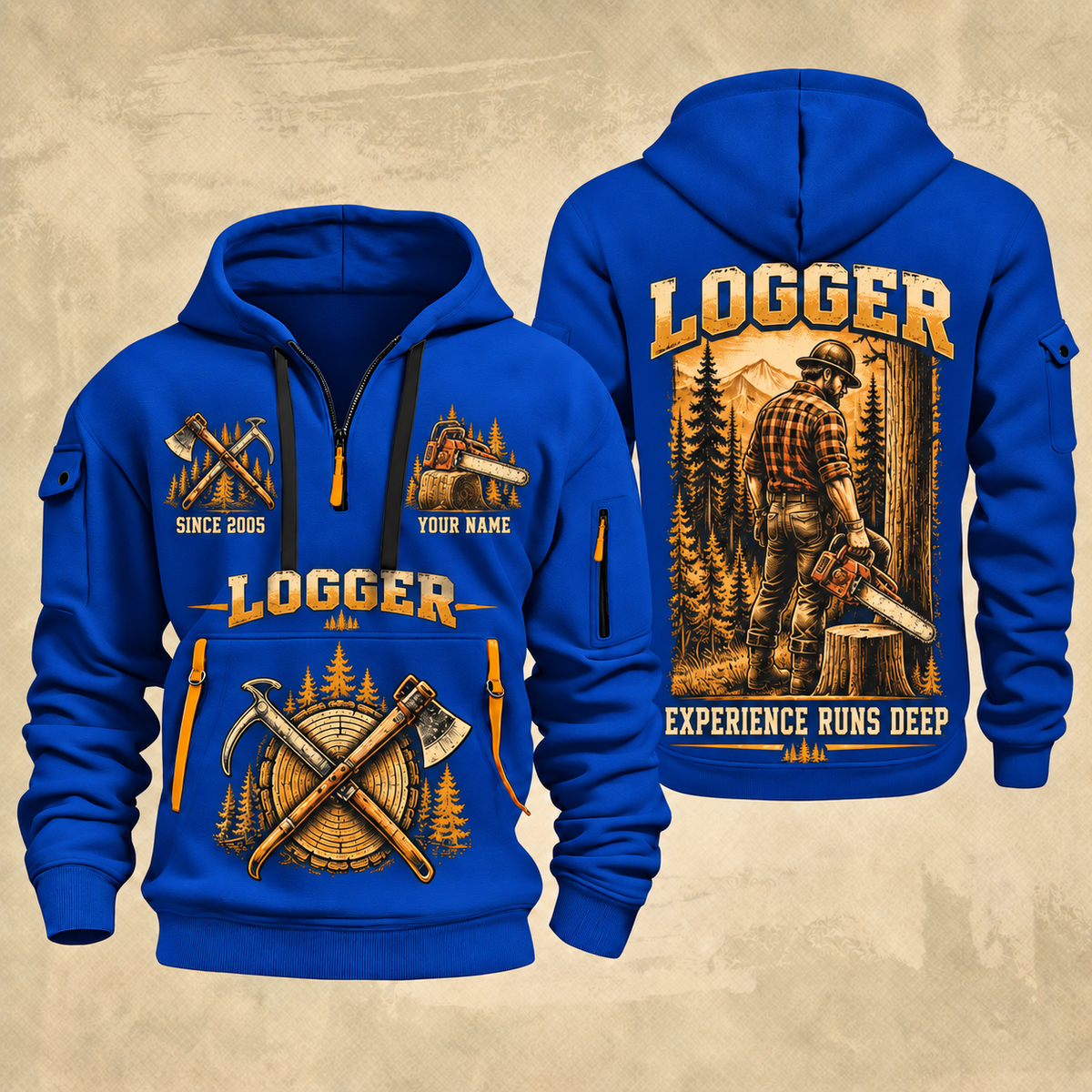 Logger Woodland Craftsman quarter-zip hoodie in Blue, front and back, YOUR NAME and SINCE 2005 artwork