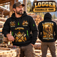 Logger wearing Woodland Craftsman quarter-zip hoodie in their workplace; product introduction and shopping call to action