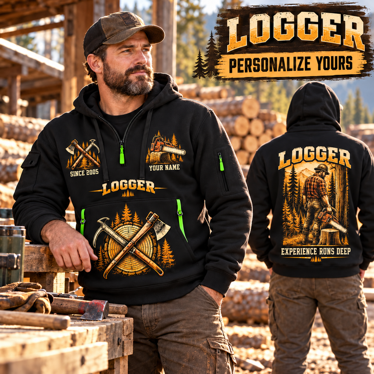 Logger wearing Woodland Craftsman quarter-zip hoodie in their workplace; product introduction and shopping call to action