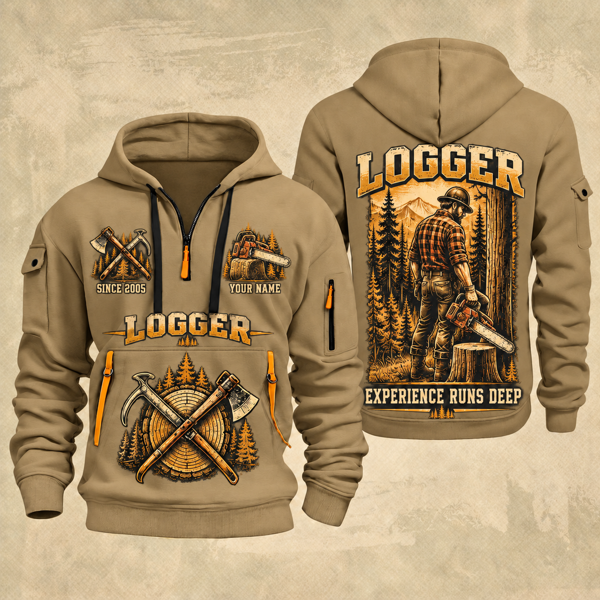 Logger Woodland Craftsman quarter-zip hoodie in Khaki, front and back, YOUR NAME and SINCE 2005 artwork