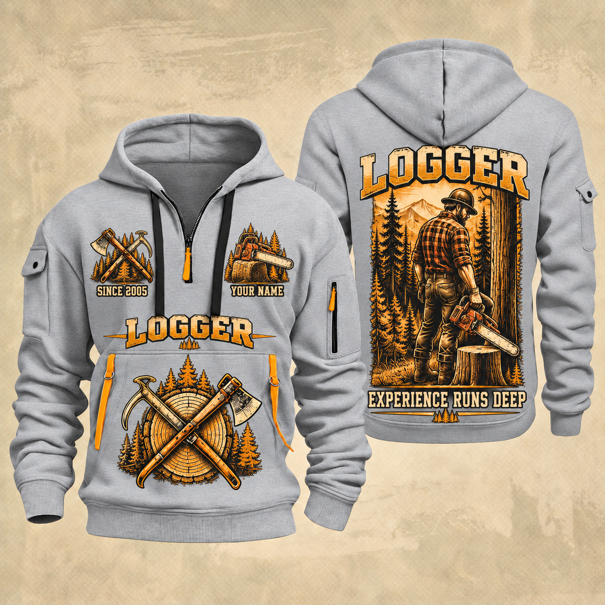 Logger Woodland Craftsman quarter-zip hoodie in Light Grey, front and back, YOUR NAME and SINCE 2005 artwork