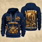 Logger Woodland Craftsman quarter-zip hoodie in Navy, front and back, YOUR NAME and SINCE 2005 artwork