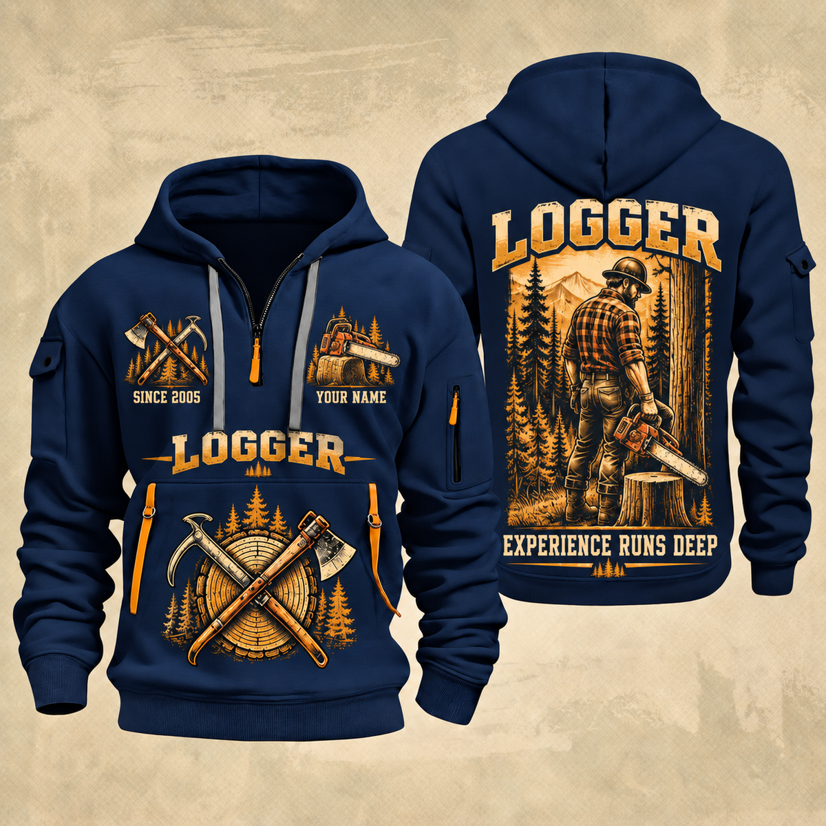 Logger Woodland Craftsman quarter-zip hoodie in Navy, front and back, YOUR NAME and SINCE 2005 artwork