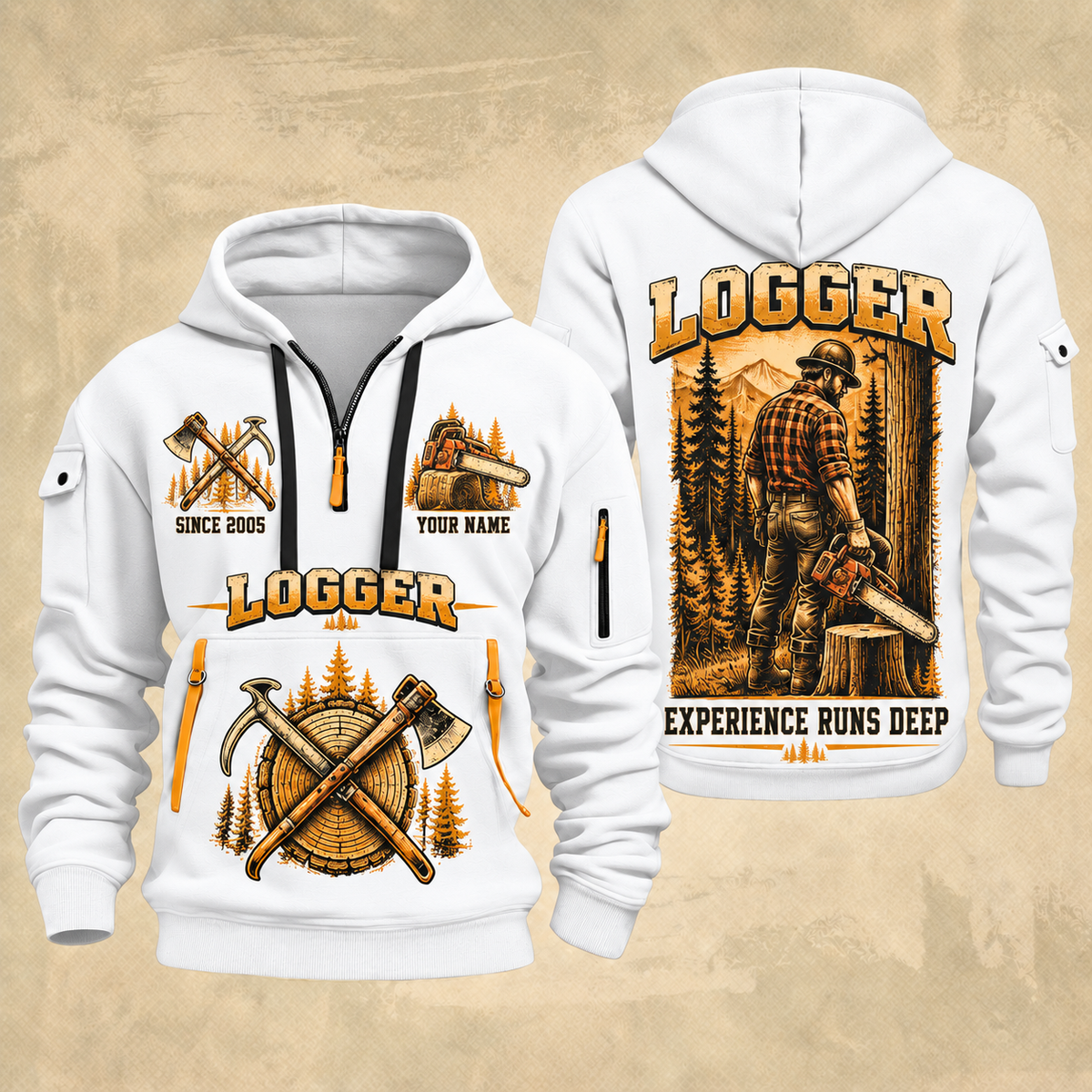 Logger Woodland Craftsman quarter-zip hoodie in White, front and back, YOUR NAME and SINCE 2005 artwork