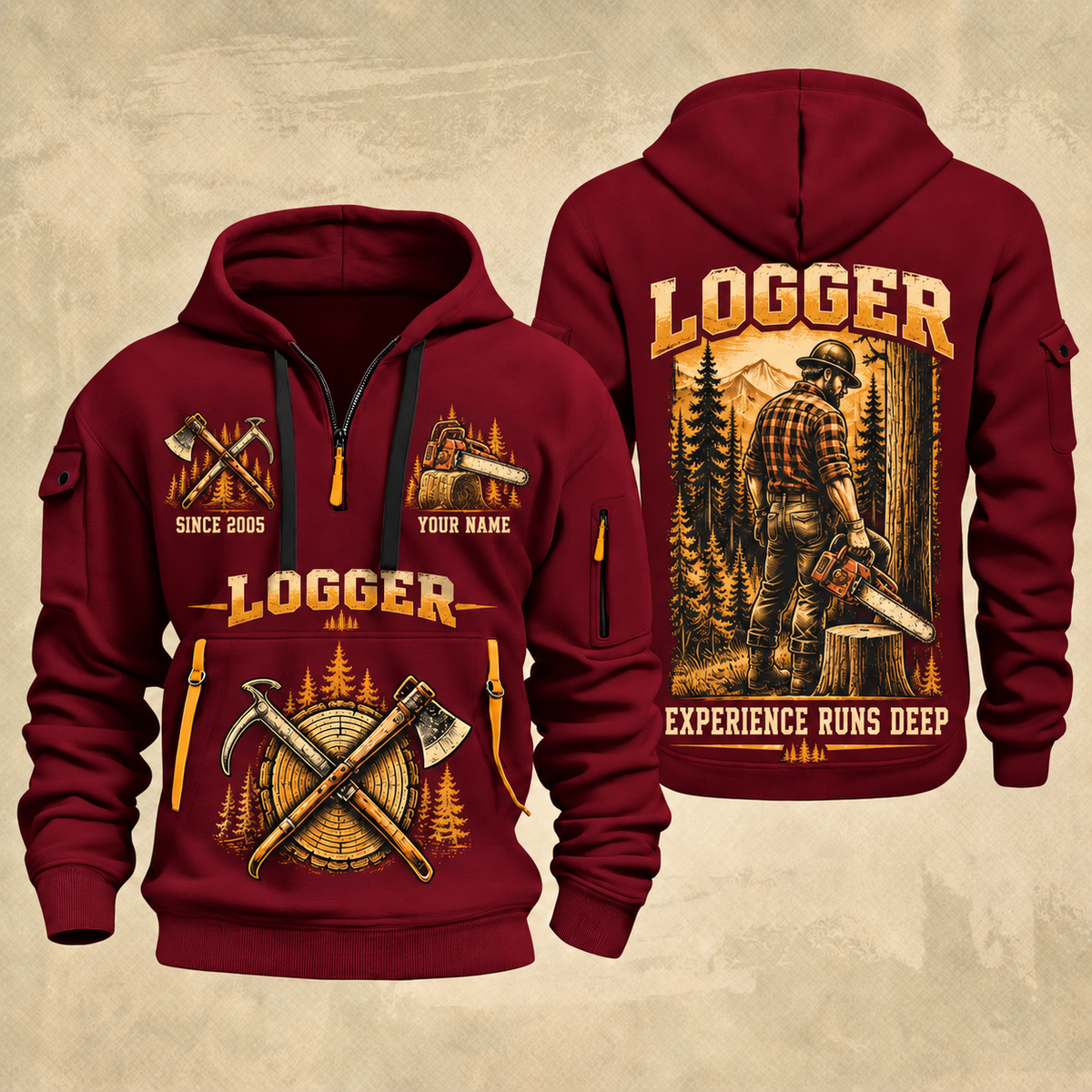 Logger Woodland Craftsman quarter-zip hoodie in Wine Red, front and back, YOUR NAME and SINCE 2005 artwork