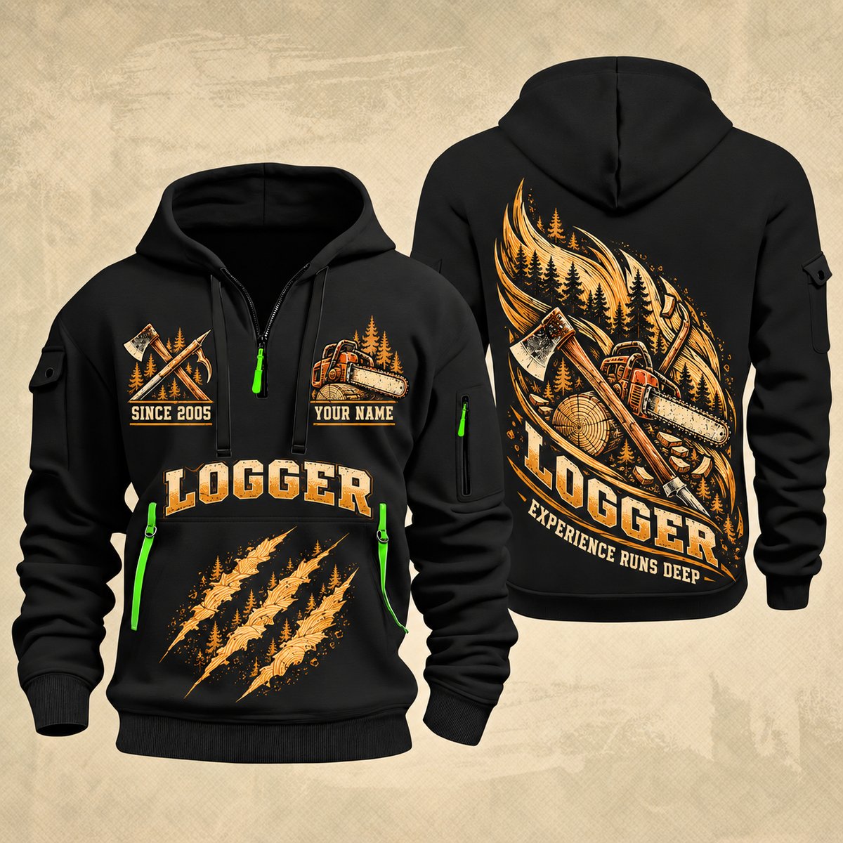Logger Timber Grain Sweep quarter-zip hoodie in Black, front and back, YOUR NAME and SINCE 2005 artwork