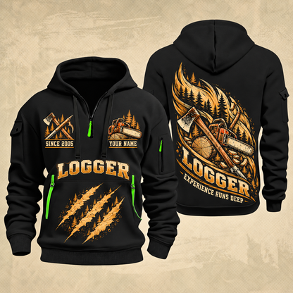 Logger Timber Grain Sweep quarter-zip hoodie in Black, front and back, YOUR NAME and SINCE 2005 artwork