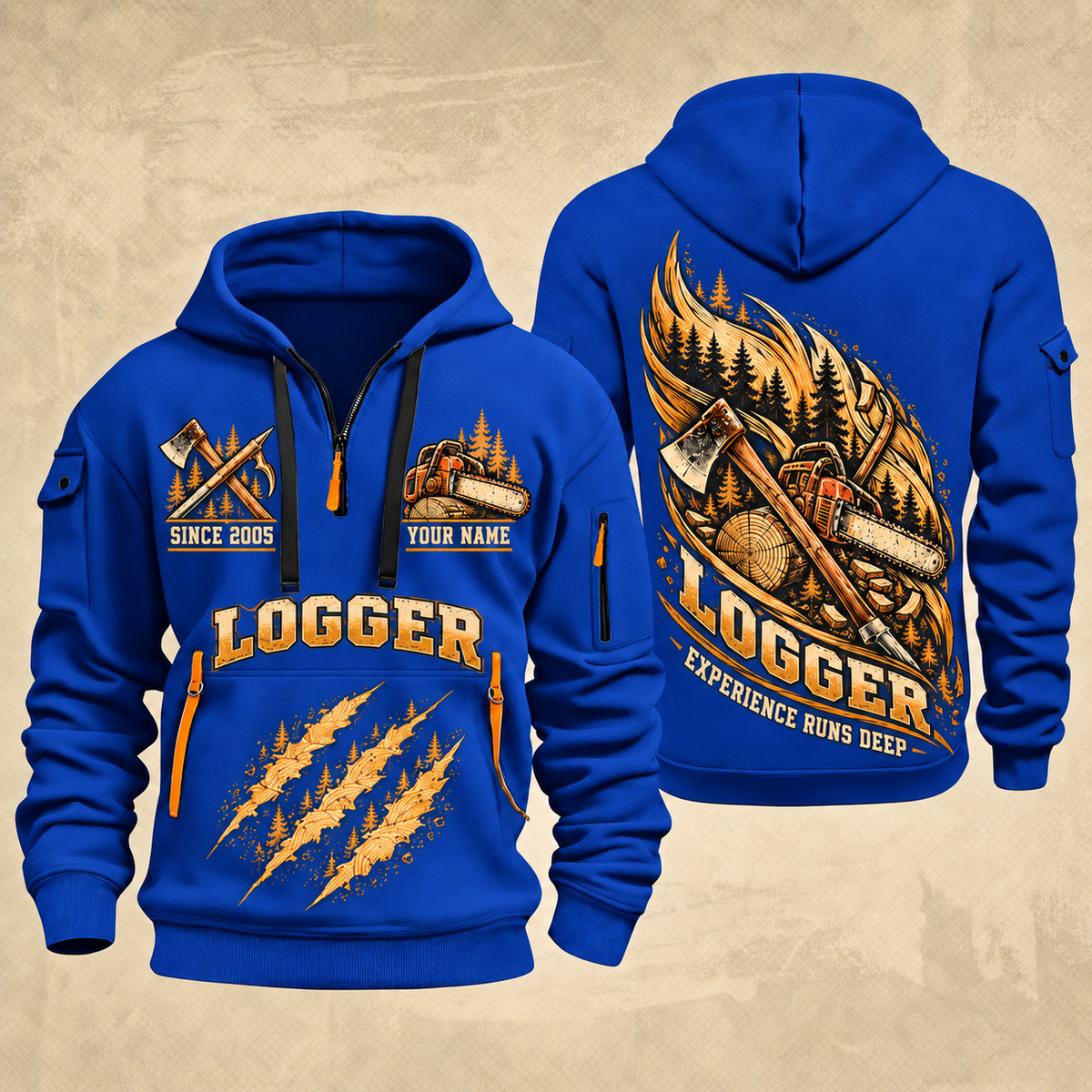 Logger Timber Grain Sweep quarter-zip hoodie in Blue, front and back, YOUR NAME and SINCE 2005 artwork