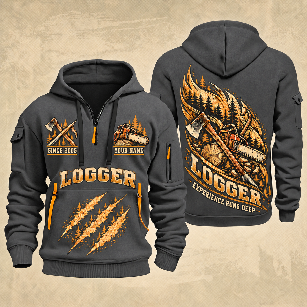 Logger Timber Grain Sweep quarter-zip hoodie in Gray, front and back, YOUR NAME and SINCE 2005 artwork