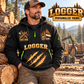 Logger wearing Timber Grain Sweep quarter-zip hoodie in their workplace; product introduction and shopping call to action