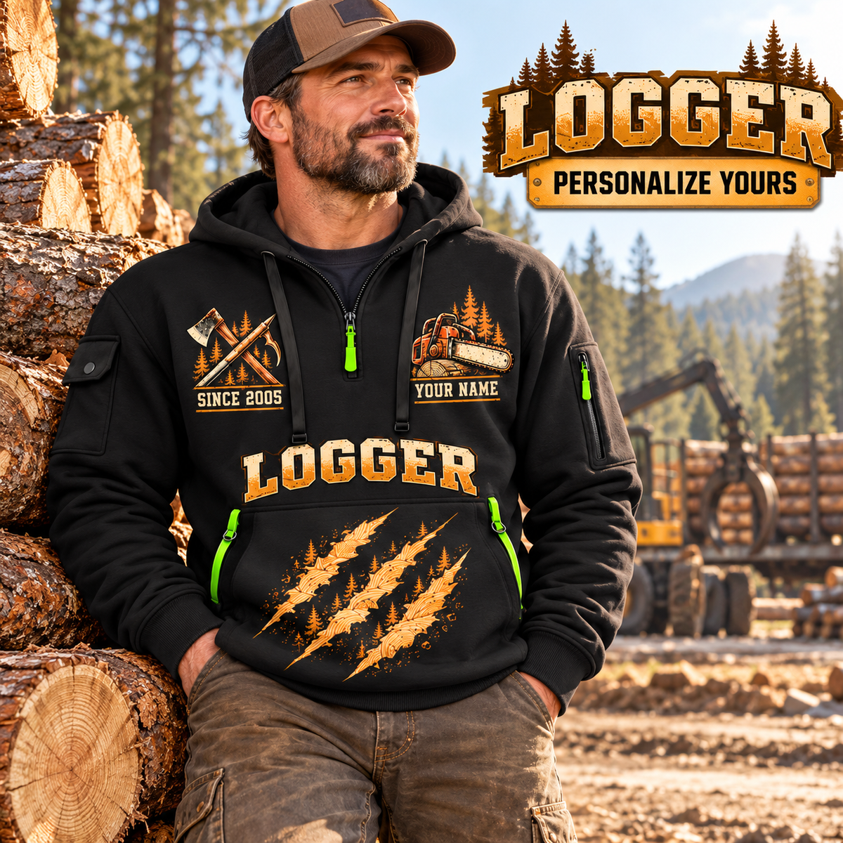Logger wearing Timber Grain Sweep quarter-zip hoodie in their workplace; product introduction and shopping call to action