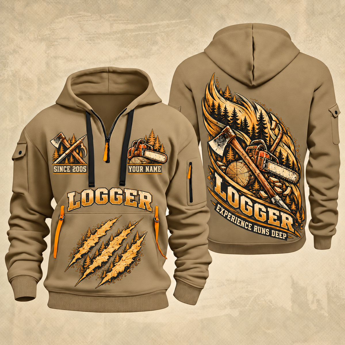 Logger Timber Grain Sweep quarter-zip hoodie in Khaki, front and back, YOUR NAME and SINCE 2005 artwork