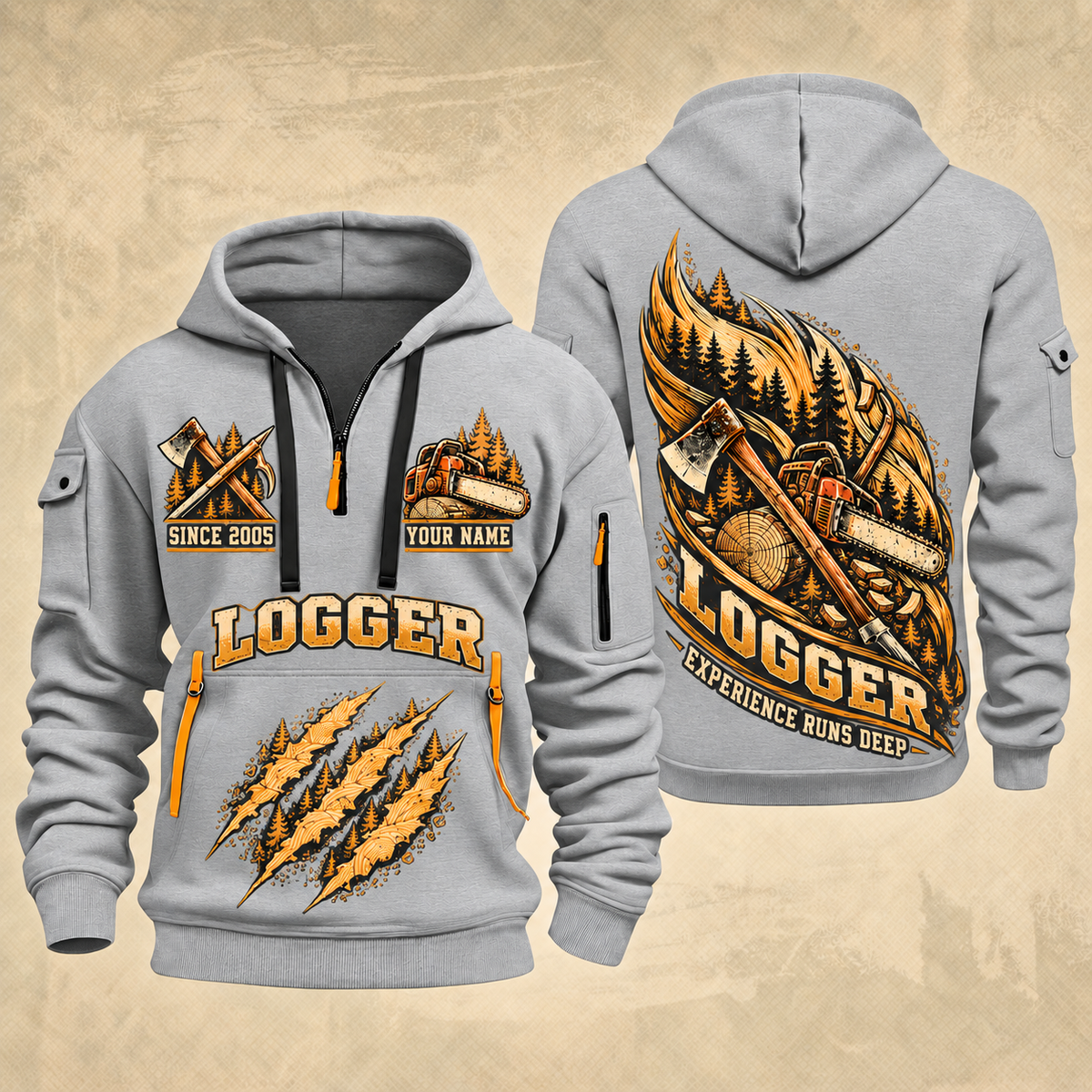 Logger Timber Grain Sweep quarter-zip hoodie in Light Grey, front and back, YOUR NAME and SINCE 2005 artwork