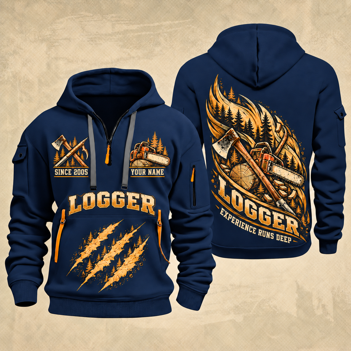 Logger Timber Grain Sweep quarter-zip hoodie in Navy, front and back, YOUR NAME and SINCE 2005 artwork