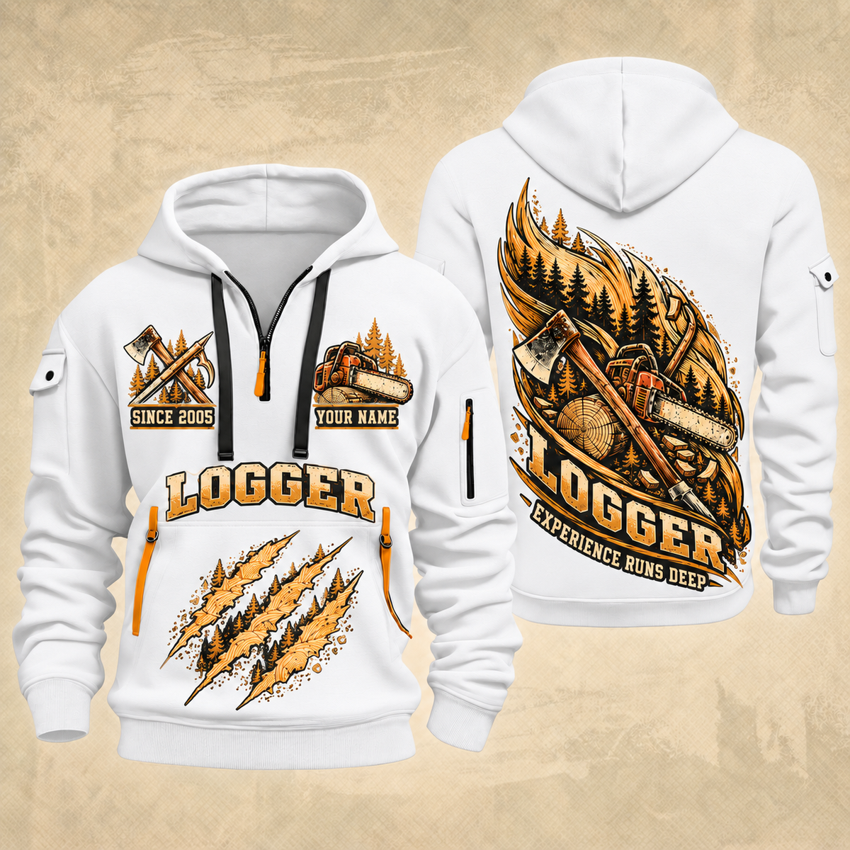 Logger Timber Grain Sweep quarter-zip hoodie in White, front and back, YOUR NAME and SINCE 2005 artwork