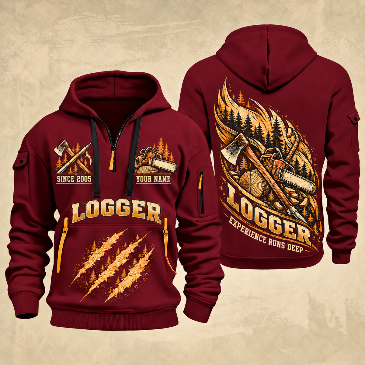 Logger Timber Grain Sweep quarter-zip hoodie in Wine Red, front and back, YOUR NAME and SINCE 2005 artwork