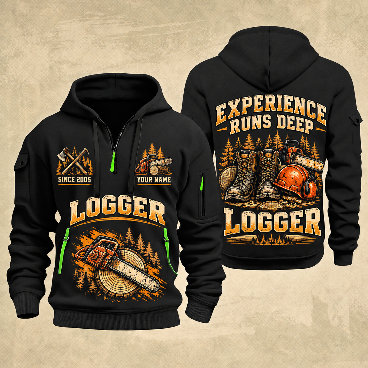 Logger Boots of the Woods quarter-zip hoodie in Black, front and back, YOUR NAME and SINCE 2005 artwork