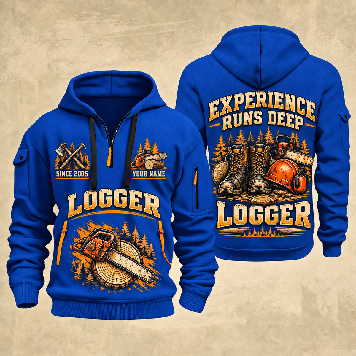 Logger Boots of the Woods quarter-zip hoodie in Blue, front and back, YOUR NAME and SINCE 2005 artwork