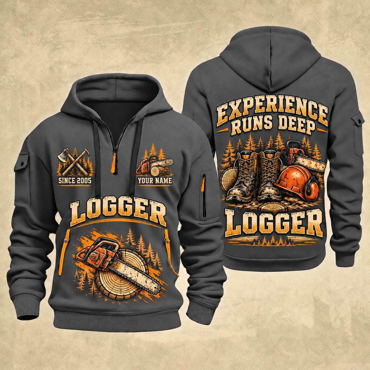 Logger Boots of the Woods quarter-zip hoodie in Gray, front and back, YOUR NAME and SINCE 2005 artwork