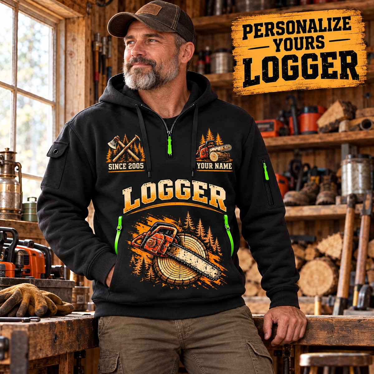 Logger wearing Boots of the Woods quarter-zip hoodie in their workplace; product introduction and shopping call to action