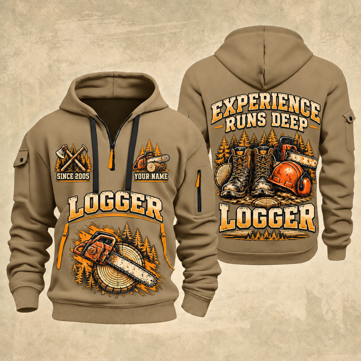 Logger Boots of the Woods quarter-zip hoodie in Khaki, front and back, YOUR NAME and SINCE 2005 artwork