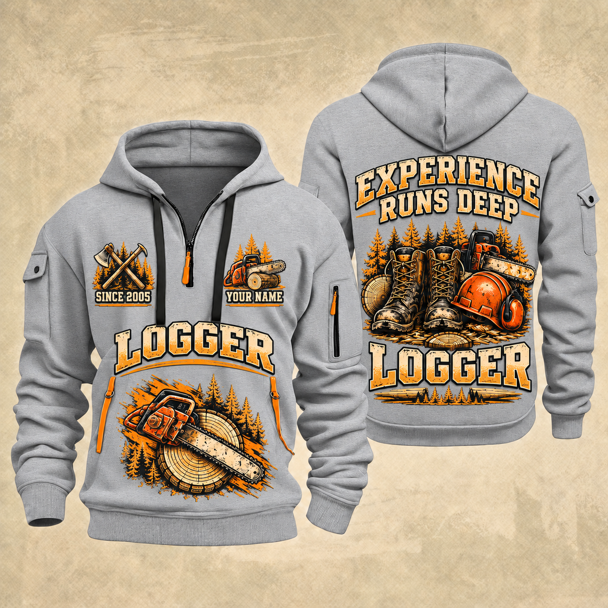 Logger Boots of the Woods quarter-zip hoodie in Light Grey, front and back, YOUR NAME and SINCE 2005 artwork