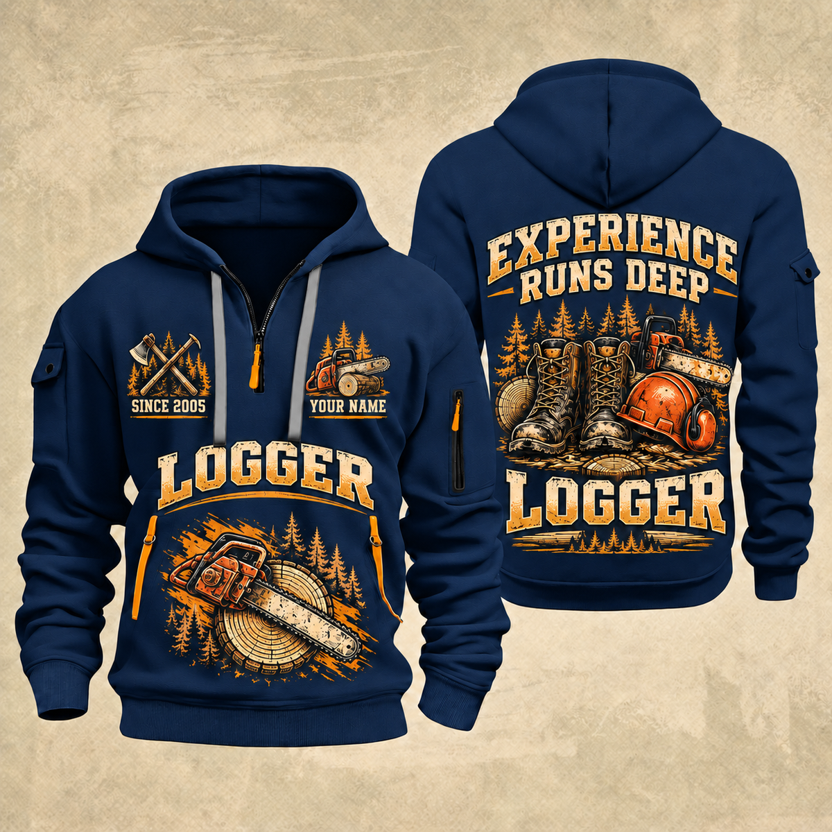 Logger Boots of the Woods quarter-zip hoodie in Navy, front and back, YOUR NAME and SINCE 2005 artwork