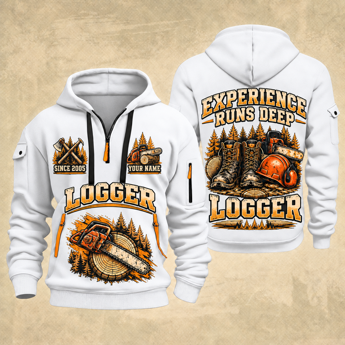 Logger Boots of the Woods quarter-zip hoodie in White, front and back, YOUR NAME and SINCE 2005 artwork