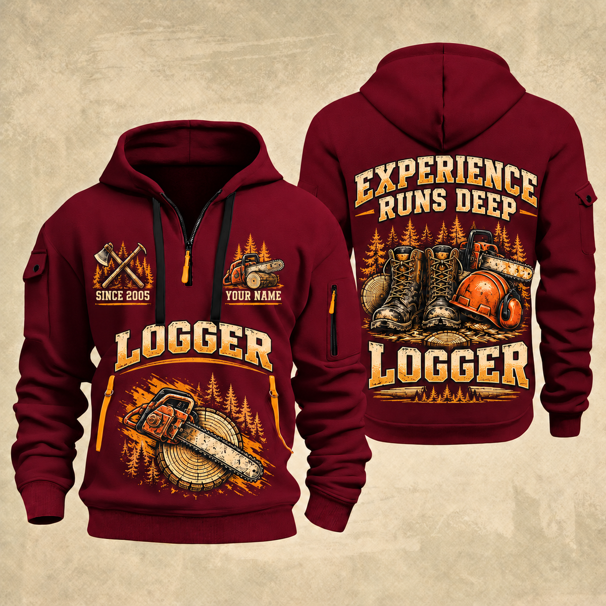 Logger Boots of the Woods quarter-zip hoodie in Wine Red, front and back, YOUR NAME and SINCE 2005 artwork