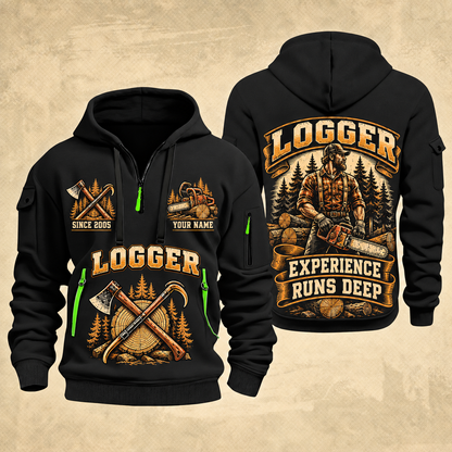 Logger Timber Badge of Craft quarter-zip hoodie in Black, front and back, YOUR NAME and SINCE 2005 artwork