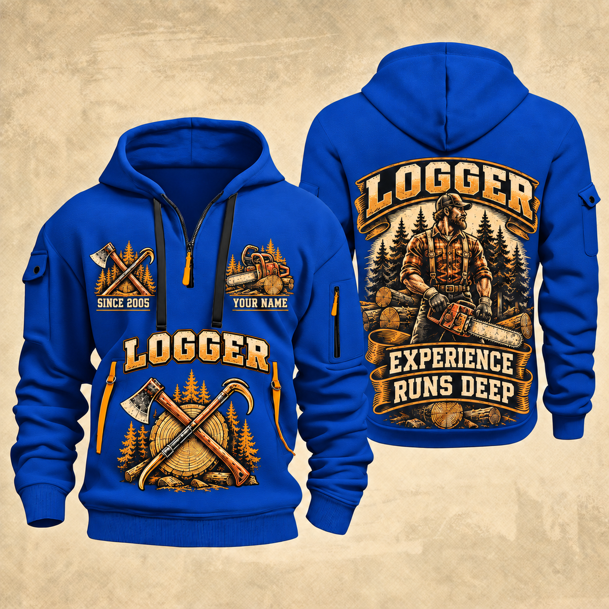 Logger Timber Badge of Craft quarter-zip hoodie in Blue, front and back, YOUR NAME and SINCE 2005 artwork