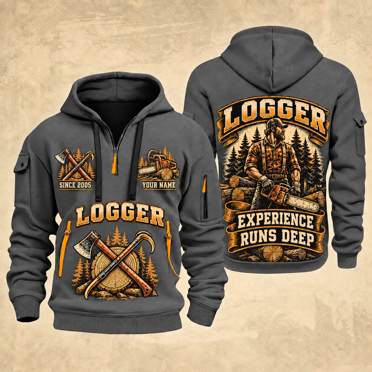 Logger Timber Badge of Craft quarter-zip hoodie in Gray, front and back, YOUR NAME and SINCE 2005 artwork