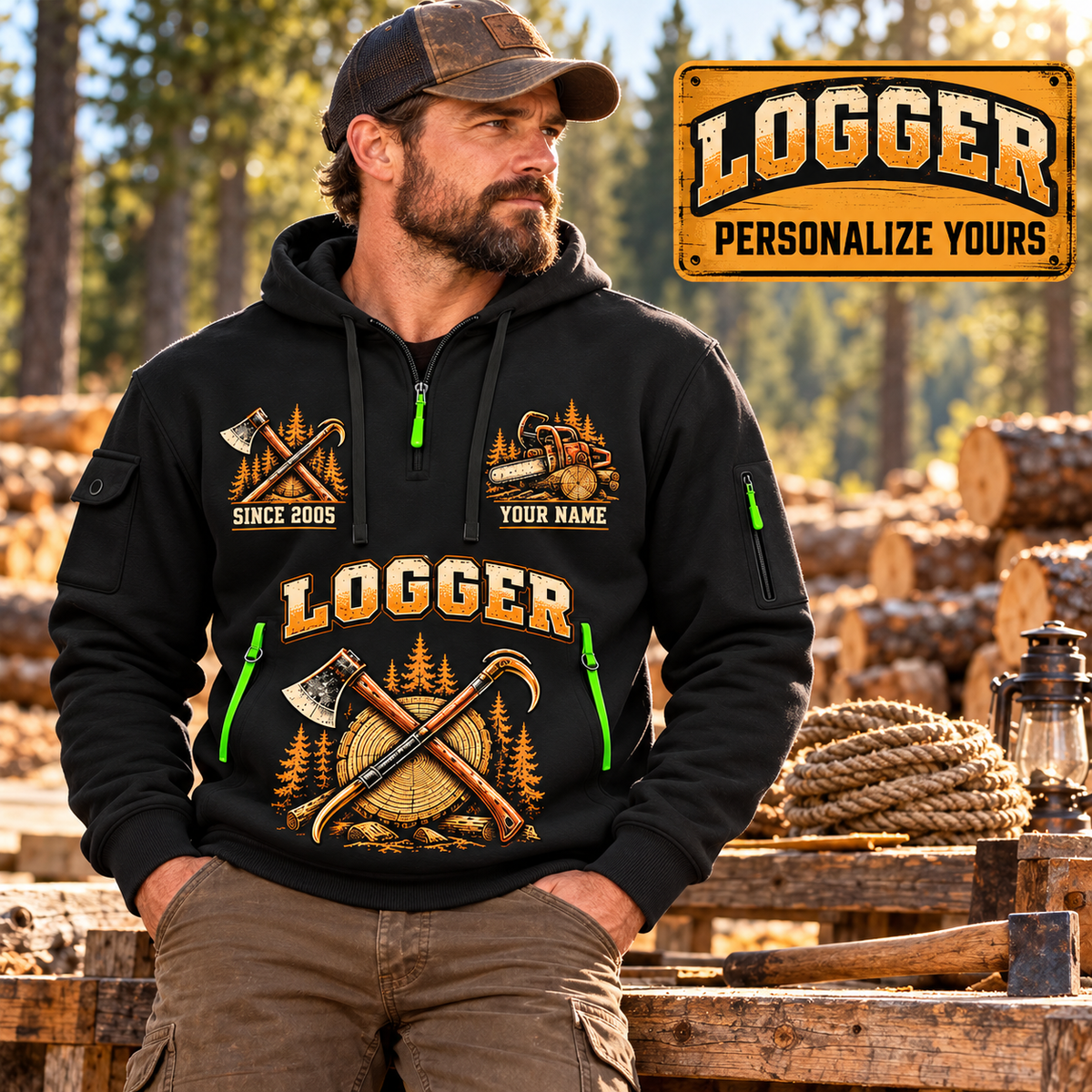Logger wearing Timber Badge of Craft quarter-zip hoodie in their workplace; product introduction and shopping call to action