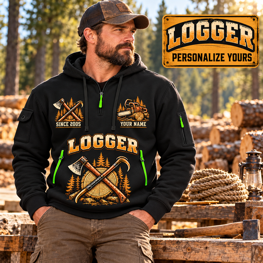 Logger wearing Timber Badge of Craft quarter-zip hoodie in their workplace; product introduction and shopping call to action