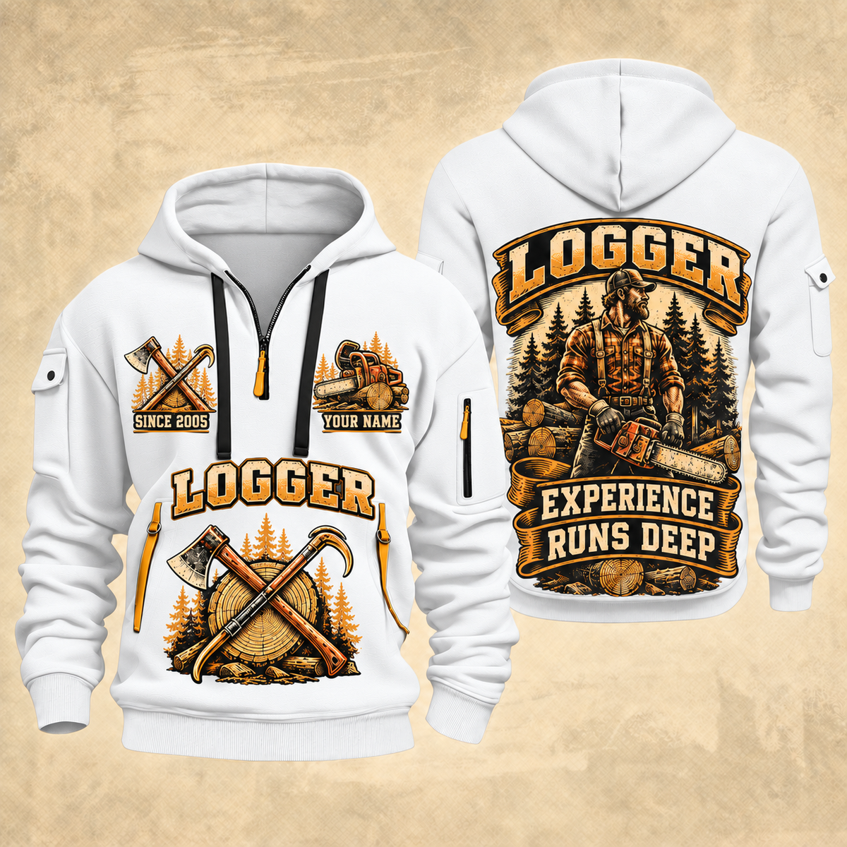 Logger Timber Badge of Craft quarter-zip hoodie in White, front and back, YOUR NAME and SINCE 2005 artwork
