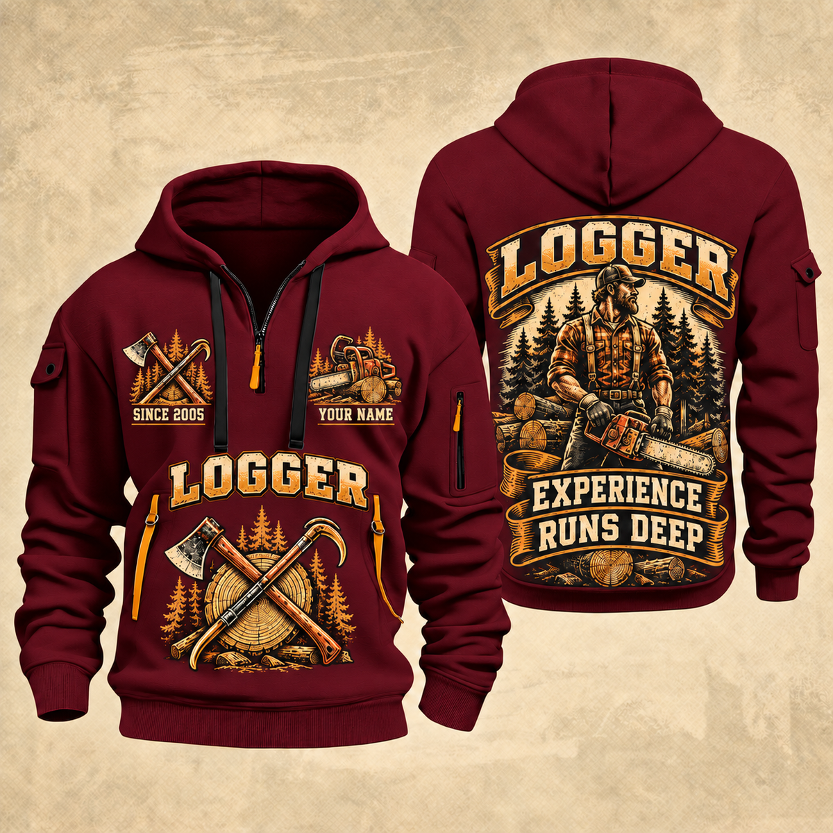 Logger Timber Badge of Craft quarter-zip hoodie in Wine Red, front and back, YOUR NAME and SINCE 2005 artwork