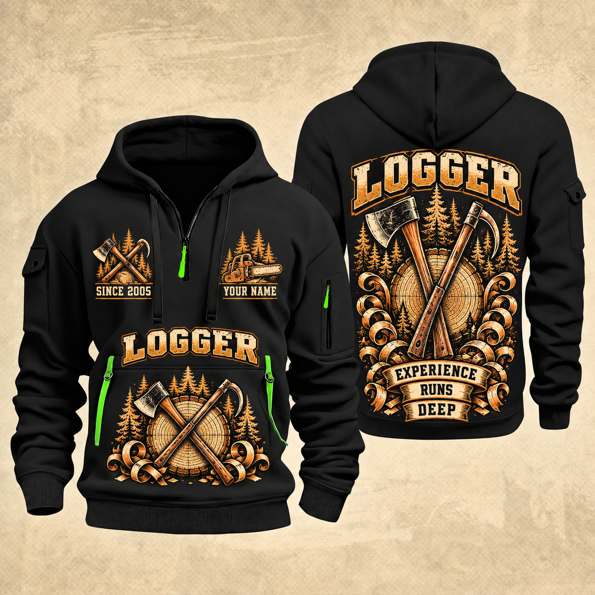 Logger Tall Timber Tool Crest quarter-zip hoodie in Black, front and back, YOUR NAME and SINCE 2005 artwork
