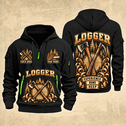 Logger Tall Timber Tool Crest quarter-zip hoodie in Black, front and back, YOUR NAME and SINCE 2005 artwork