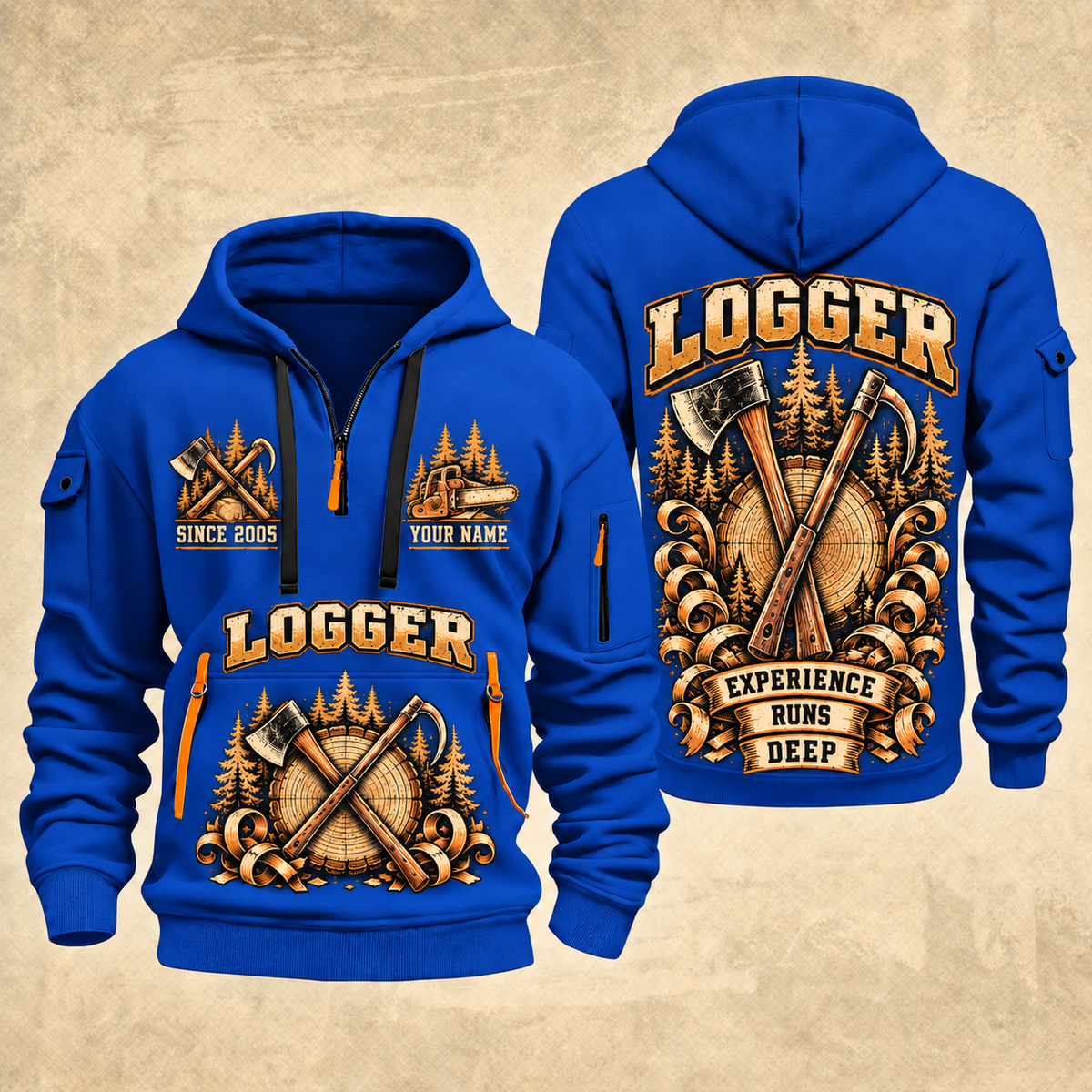 Logger Tall Timber Tool Crest quarter-zip hoodie in Blue, front and back, YOUR NAME and SINCE 2005 artwork