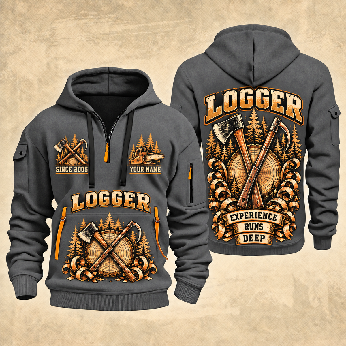 Logger Tall Timber Tool Crest quarter-zip hoodie in Gray, front and back, YOUR NAME and SINCE 2005 artwork