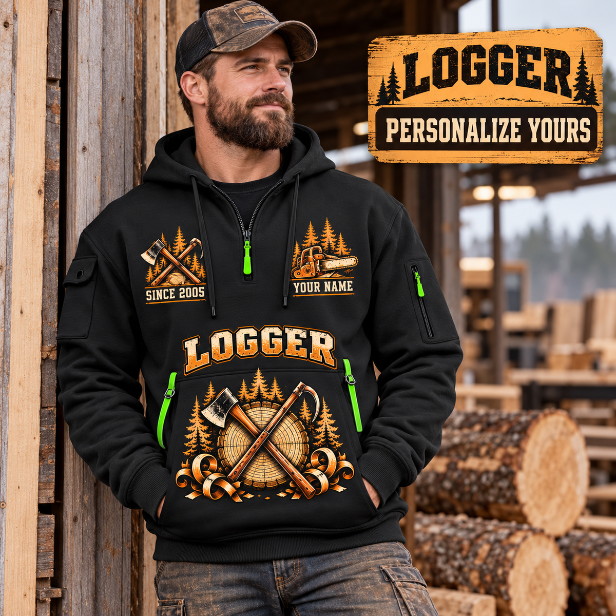 Logger wearing Tall Timber Tool Crest quarter-zip hoodie in their workplace; product introduction and shopping call to action
