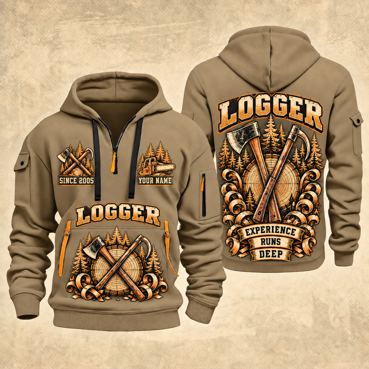 Logger Tall Timber Tool Crest quarter-zip hoodie in Khaki, front and back, YOUR NAME and SINCE 2005 artwork