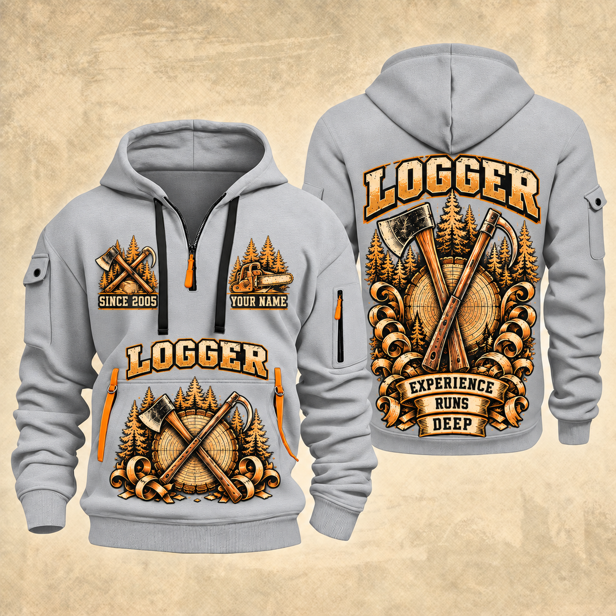 Logger Tall Timber Tool Crest quarter-zip hoodie in Light Grey, front and back, YOUR NAME and SINCE 2005 artwork