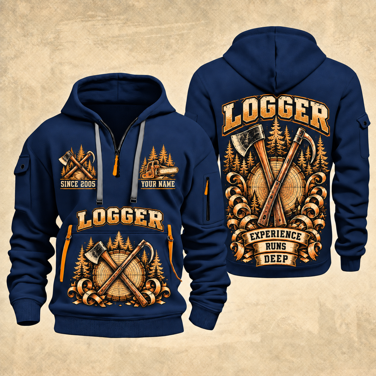 Logger Tall Timber Tool Crest quarter-zip hoodie in Navy, front and back, YOUR NAME and SINCE 2005 artwork
