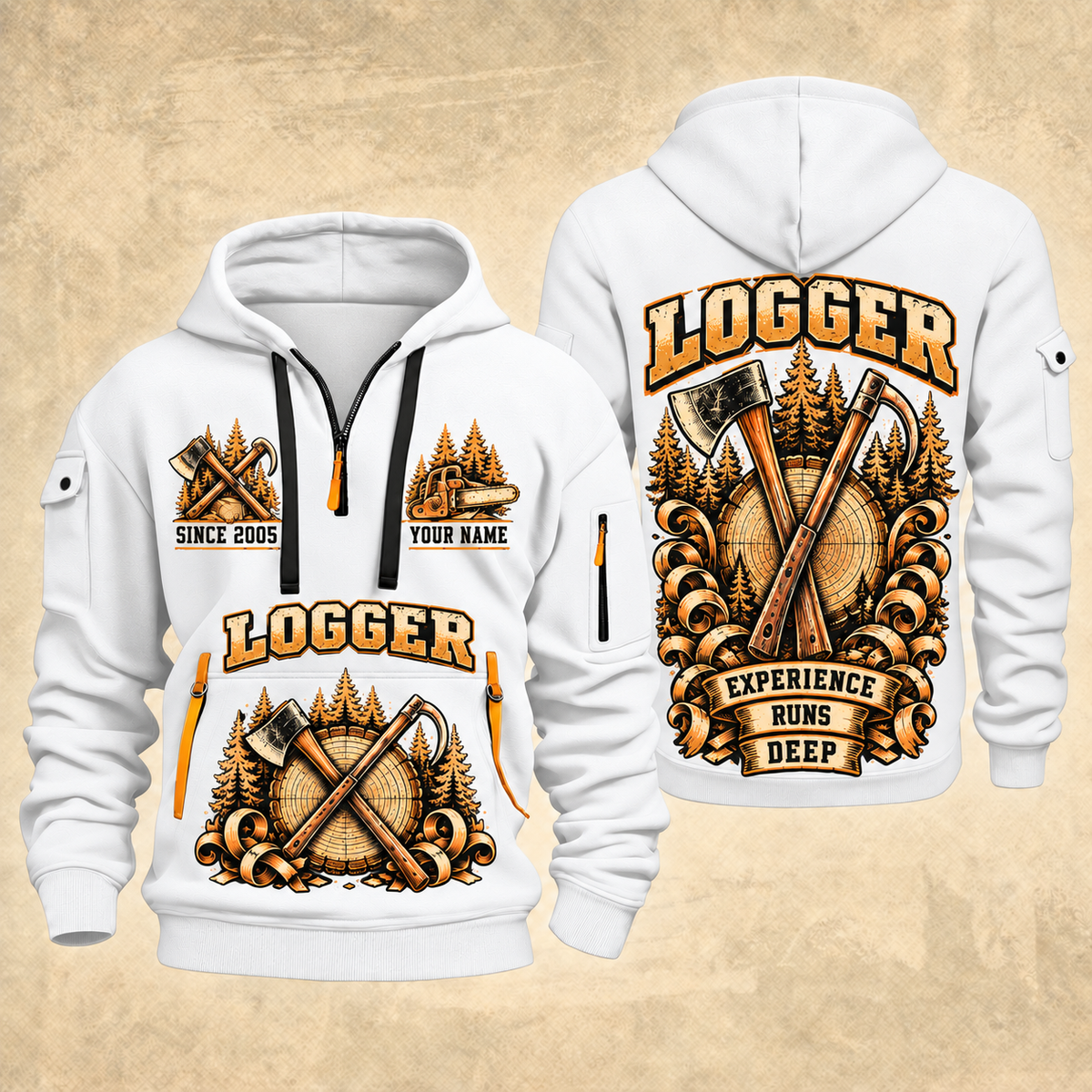 Logger Tall Timber Tool Crest quarter-zip hoodie in White, front and back, YOUR NAME and SINCE 2005 artwork