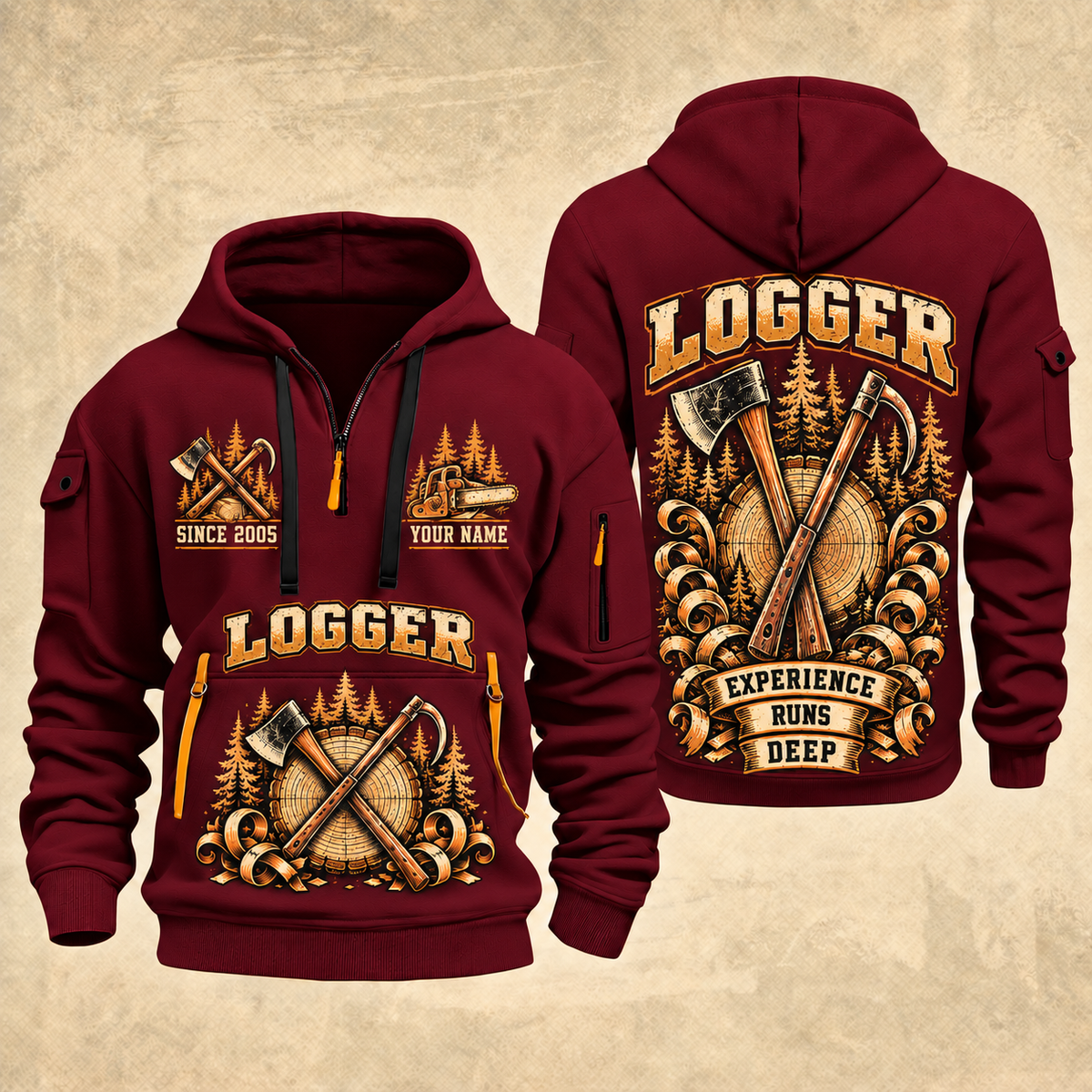 Logger Tall Timber Tool Crest quarter-zip hoodie in Wine Red, front and back, YOUR NAME and SINCE 2005 artwork