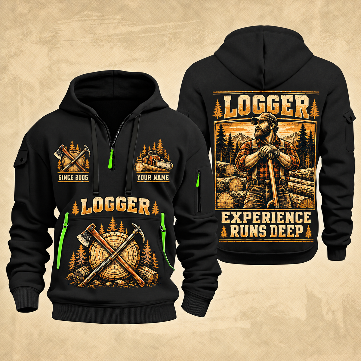 Logger Woodland Experience Poster quarter-zip hoodie in Black, front and back, YOUR NAME and SINCE 2005 artwork